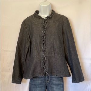 Sandro Studio Black Denim Ruffled Zipper Jacket with Tacked Down Pleats